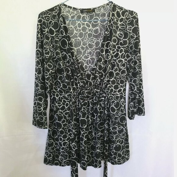 BCBGmaxazria Tunic Dress Top Black white circles Tie Ruched Waist Small - Picture 5 of 10